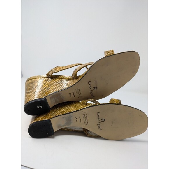 Etienne Aigner Charm Snakeskin Embossed Leather Wedges Gold Tan Sandals 9.5M - Picture 6 of 8